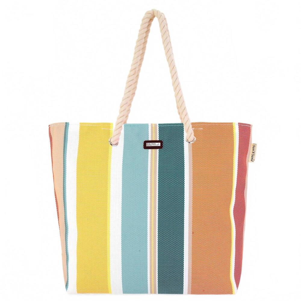 NEW SUN N SAND women's striped poly shoulder tote bag in aqua